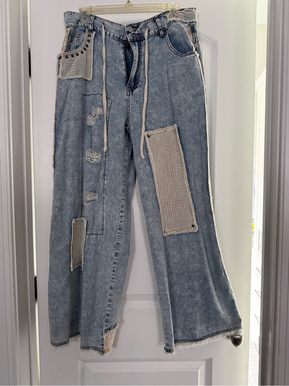 POL Wide Leg Flared Patchwork Jeans in Light Blue and Cream